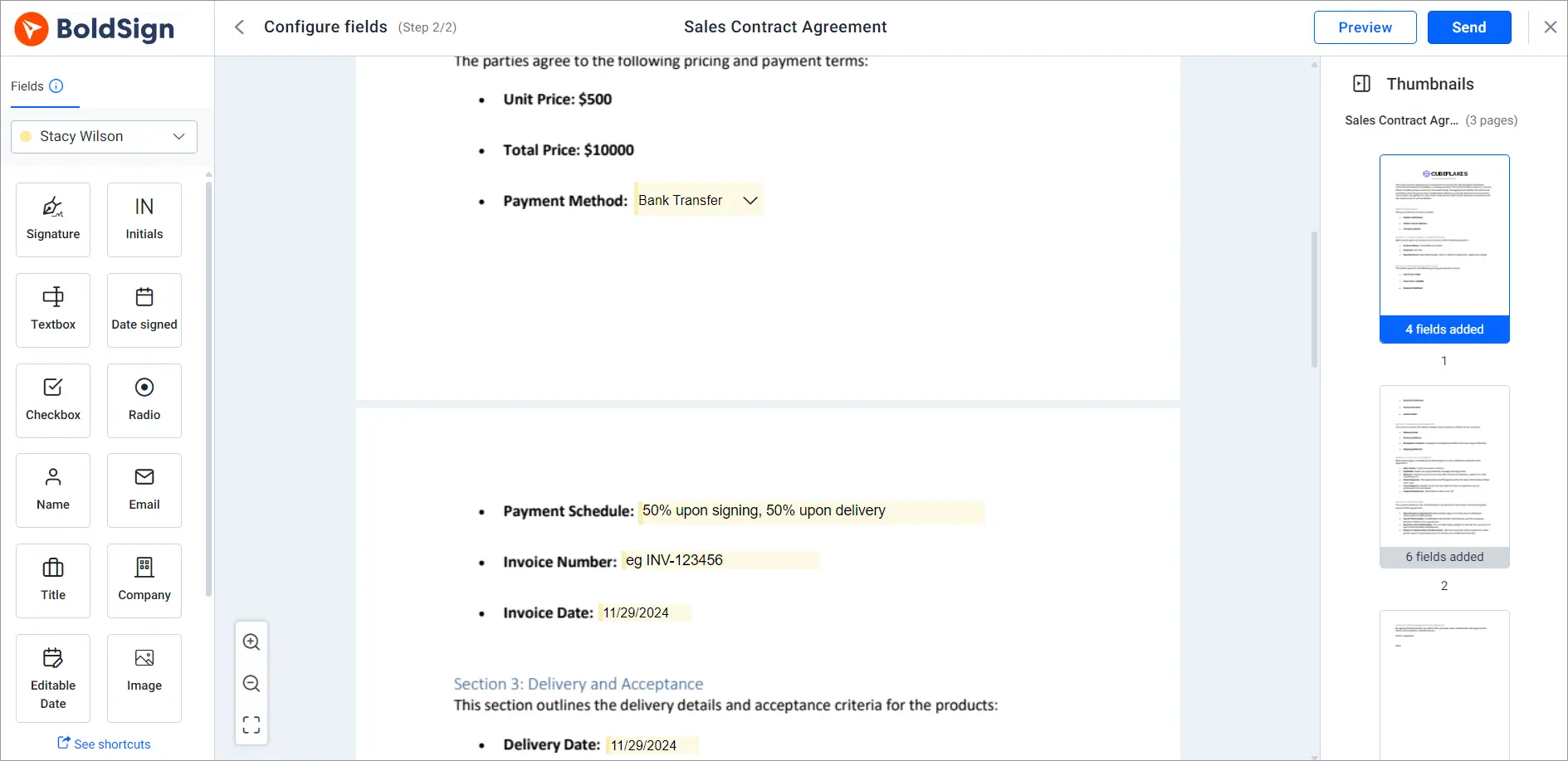 Configure fields page
