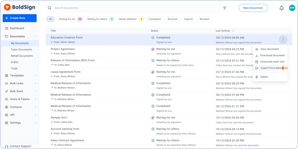 Export form data in my documents page