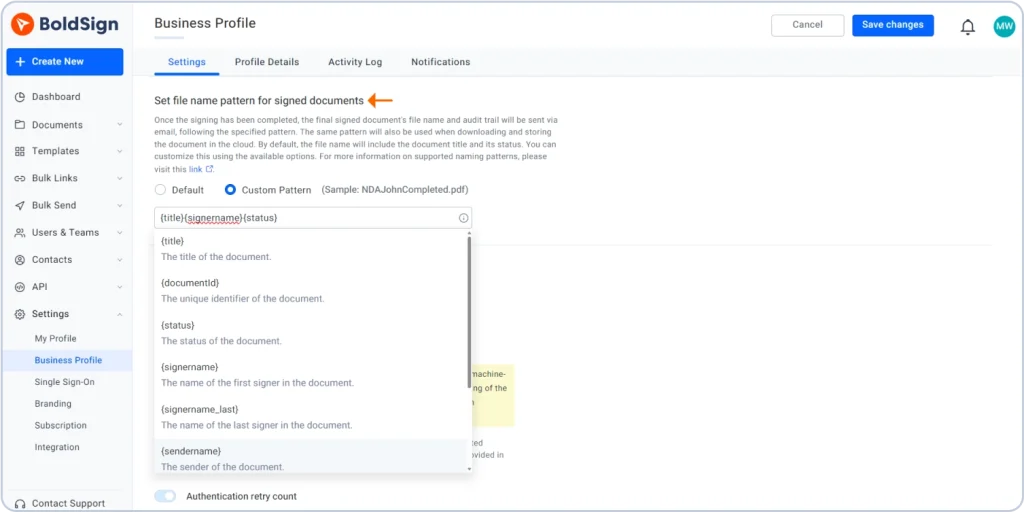 Customize naming for signed documents