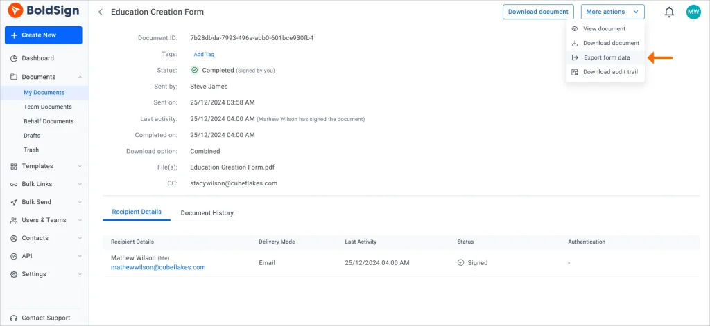 Export form data in overview page