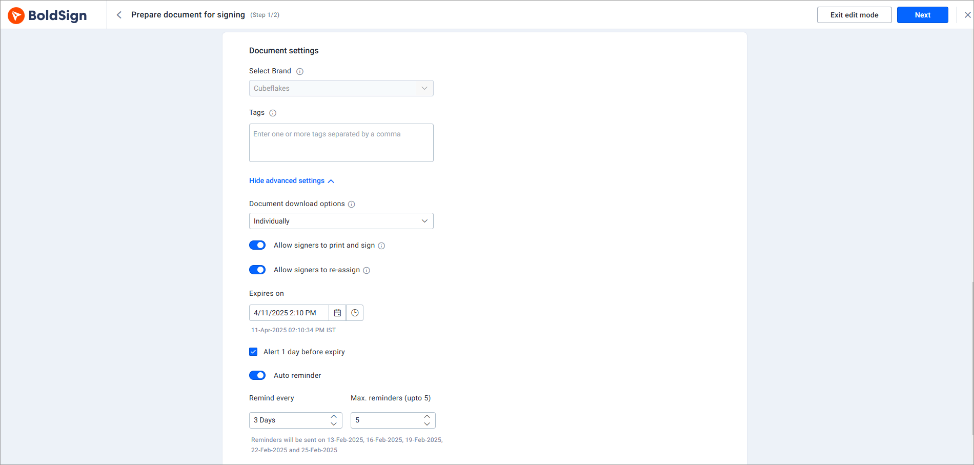 Document settings