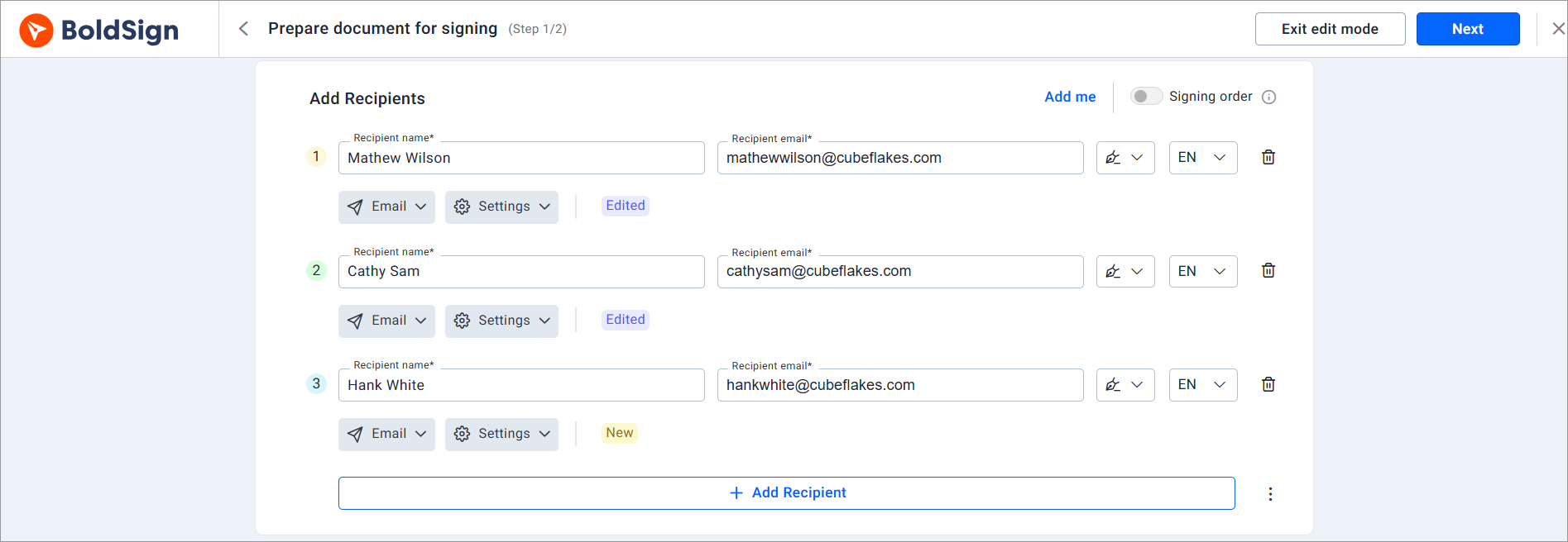 Add recipients section