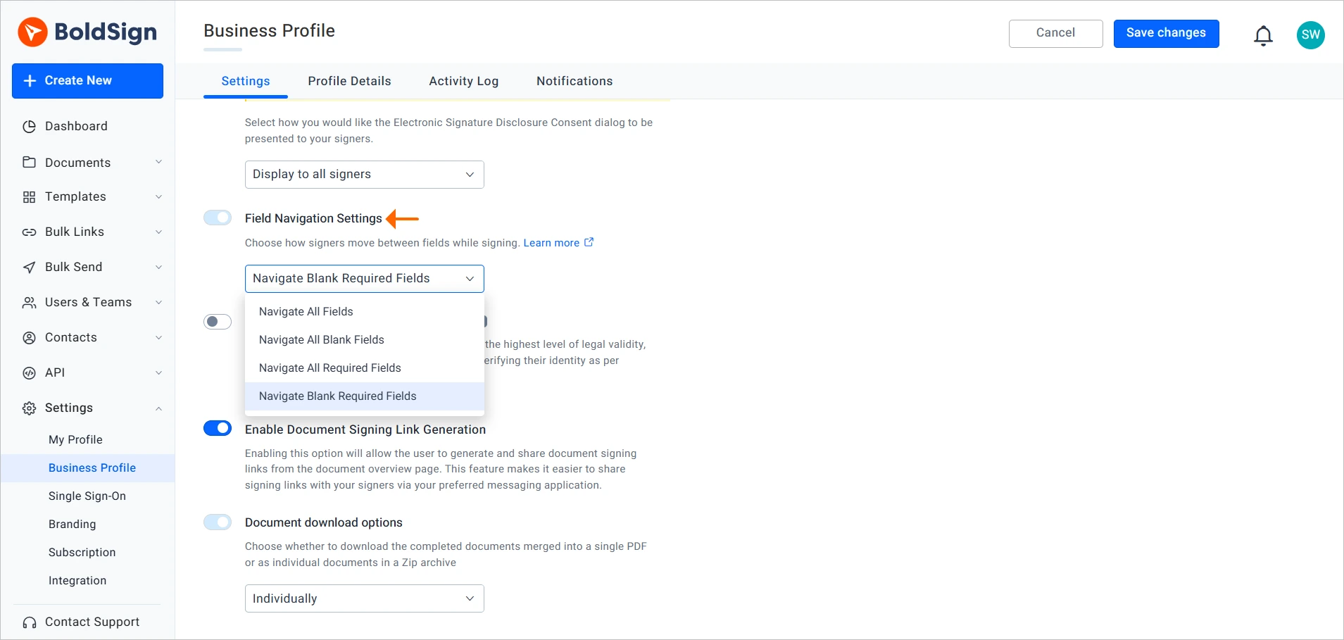 Field Navigation settings