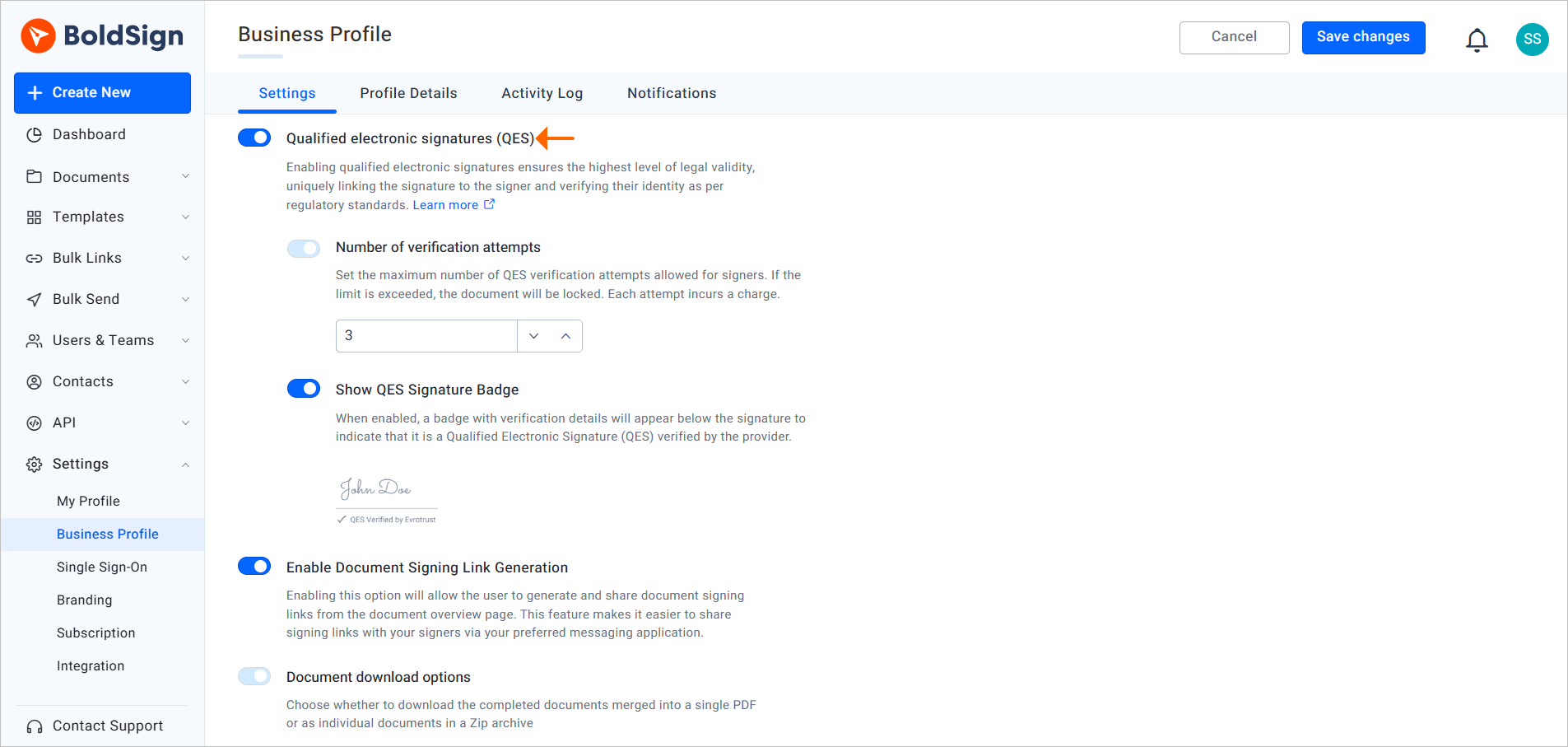 Enable QES from business profile settings