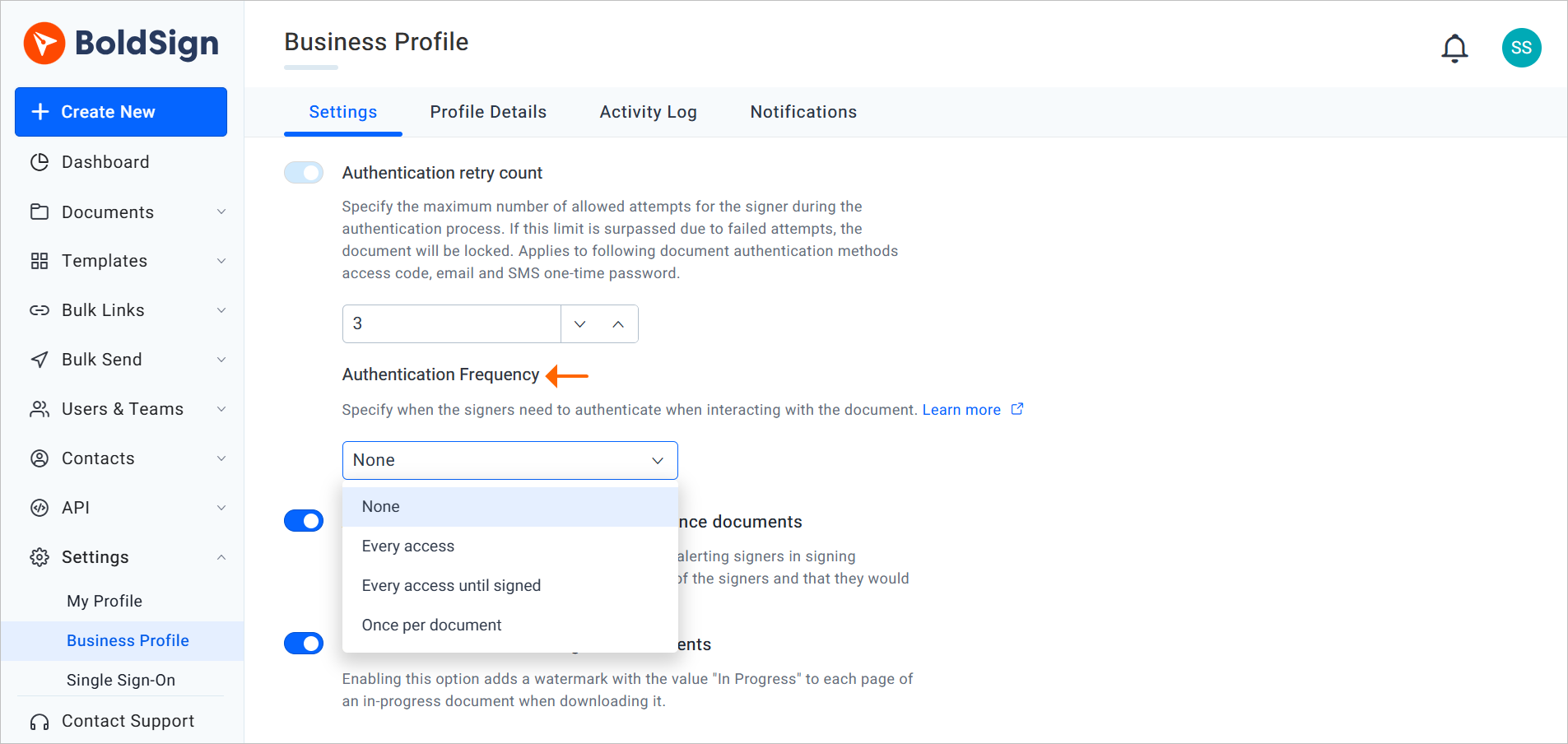 Authentication frequency settings
