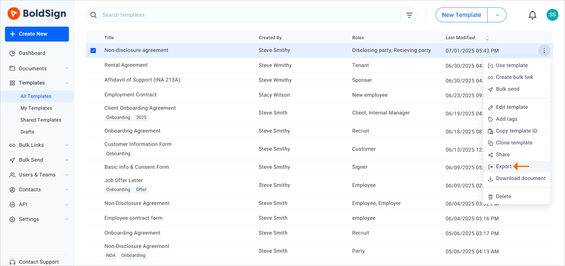 Export templates