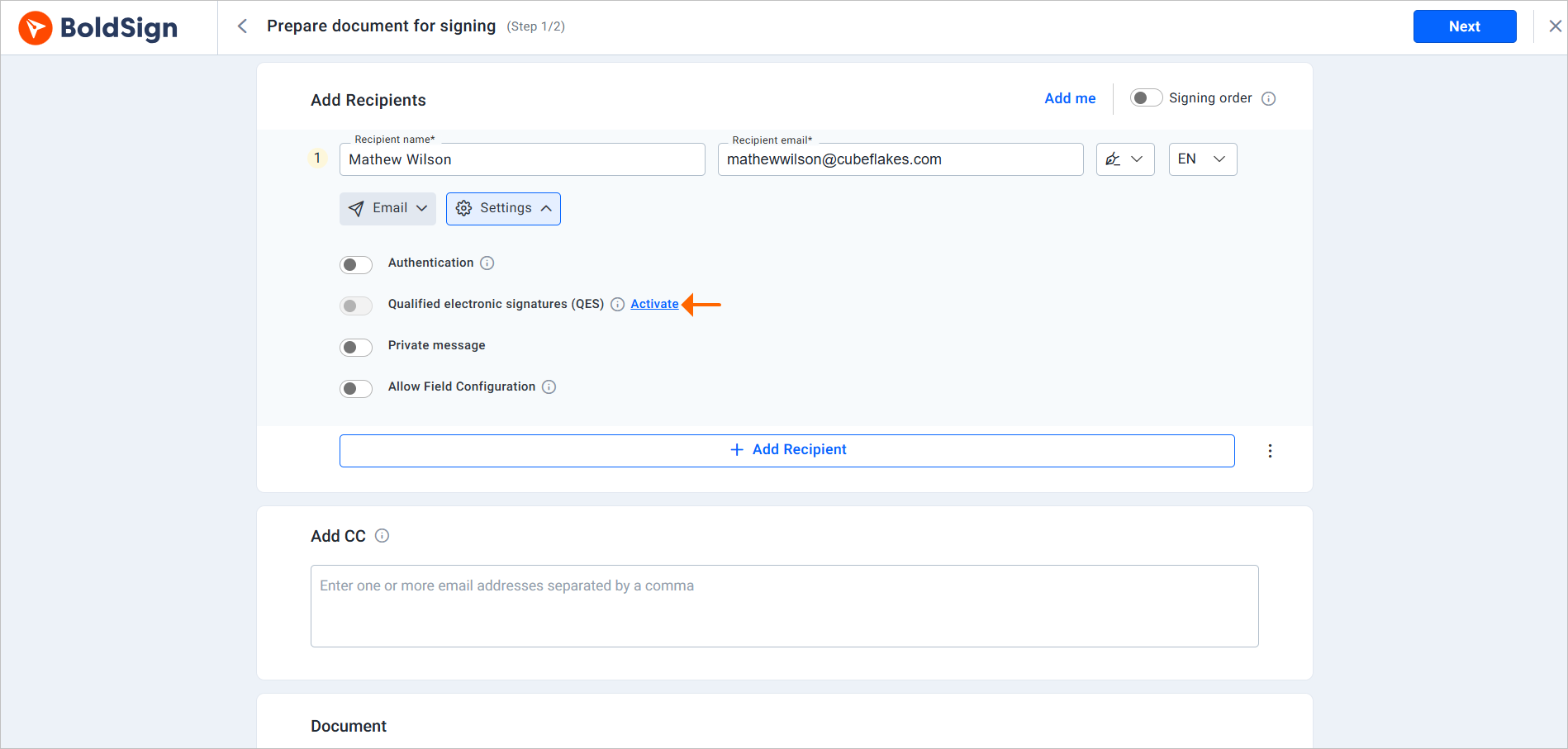 Activate QES during document creation